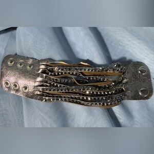 Gunmetal Crystal Multi Strand Leather Wrap Cuff Bracelet Statement Snap